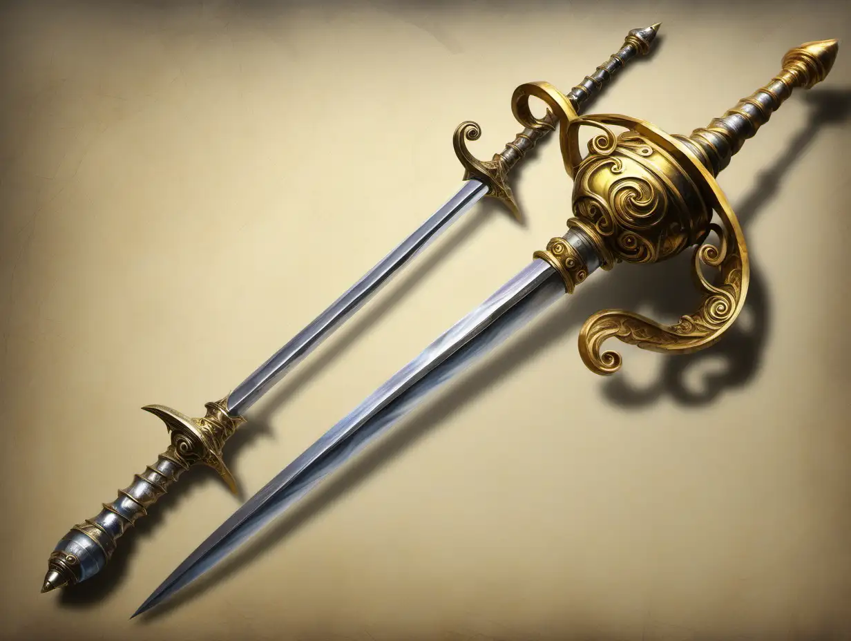 rapier, golden spiral hilt, round pommel, blank background, fantasy painting