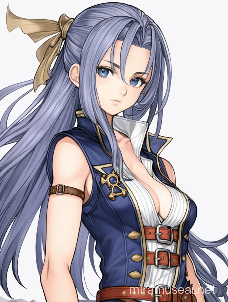 jrpg, adult woman, confident, sexy, fantasy, pirate, sleeveless, another eden, waist up fully in view, portrait, no background, facing slightly to the side, staring at the camera