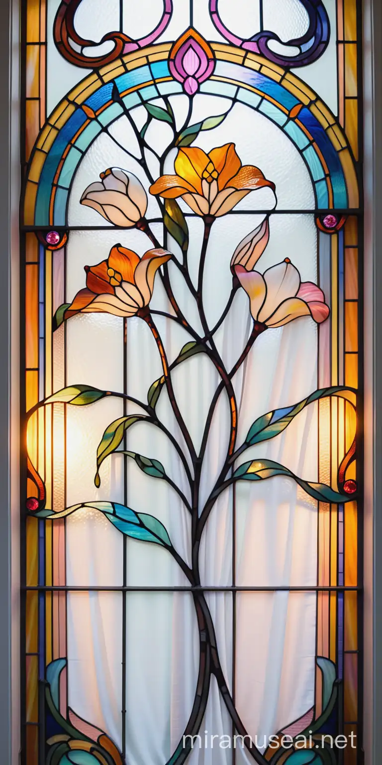 Art Nouveau Stained Glass Floral Ornament on Door with White Organza Curtains