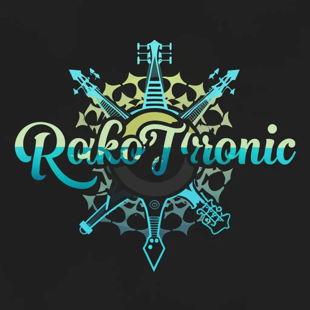 a logo design,with the text "ROCK'O'TRONIC  ", main symbol:GUITAR BASS DRUMS VOCALS,complex,clear background