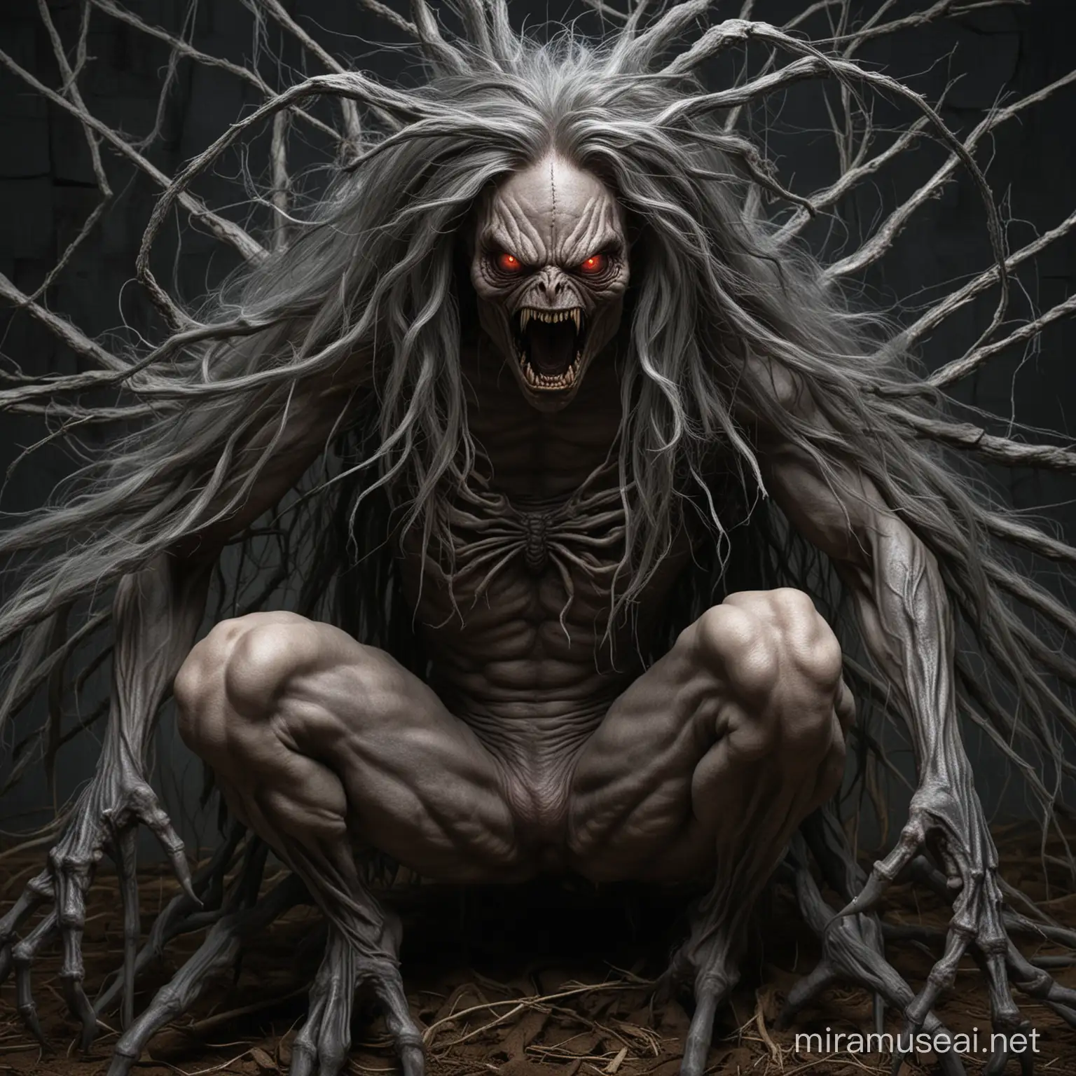sinister and terrifying figure, combining the features of both human and spider in a grotesque fusion of flesh and chitin. From the waist up, he possesses the appearance of a grey human, with long flowing hair as dark as midnight and piercing crimson eyes that seem to glow with an otherworldly light. 

Lower part of his body that of a monstrous spider, with eight hairy legs that scuttle and skitter across the ground with unsettling agility. 