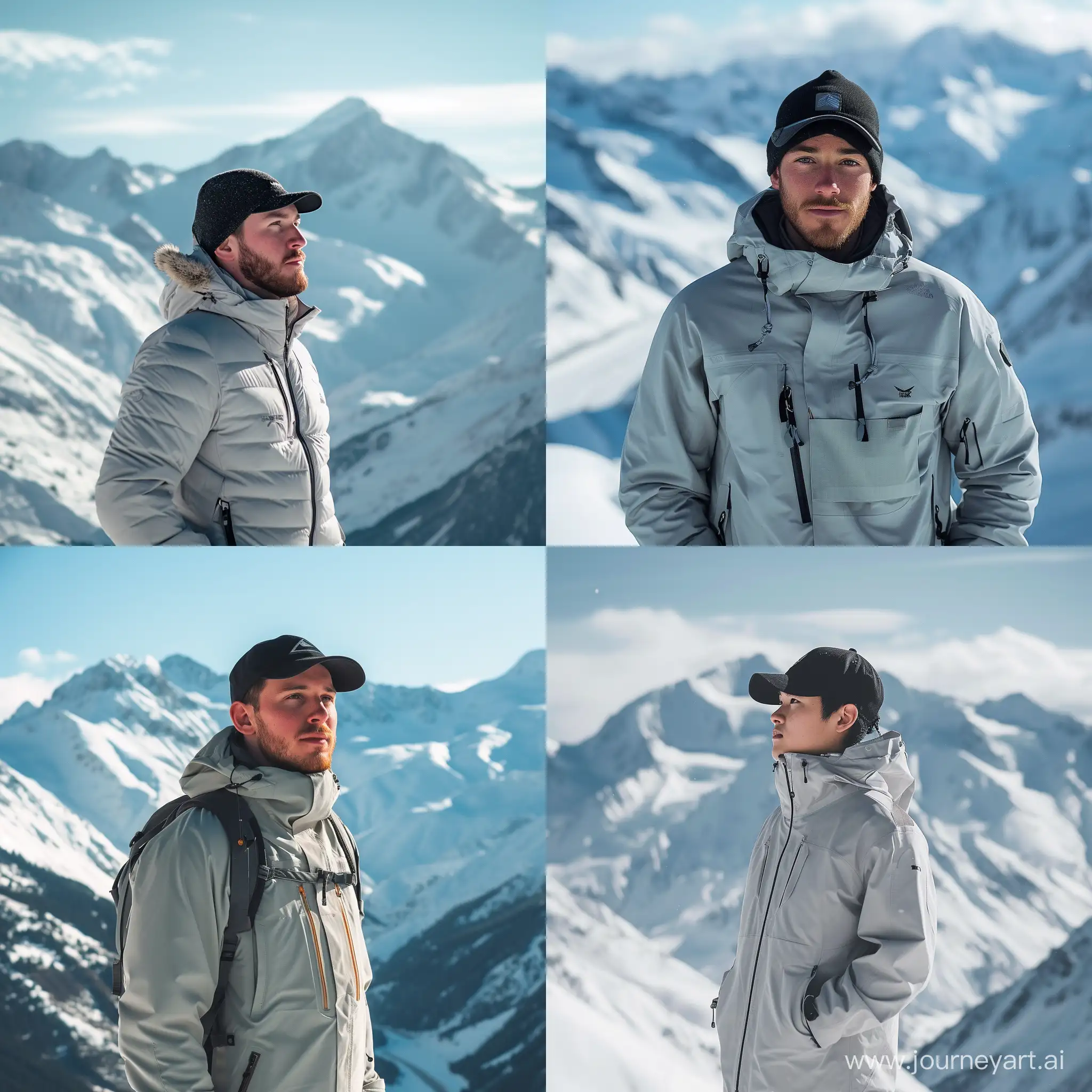 Man-in-Light-Gray-Jacket-and-Black-Cap-Against-Snowy-Mountain-Landscape