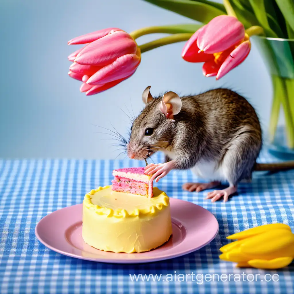 серая крыса ест маленький розовый торт, на столе с голубой скатертью, в прозрачной широкой вазе стоят желтые тюльпаны