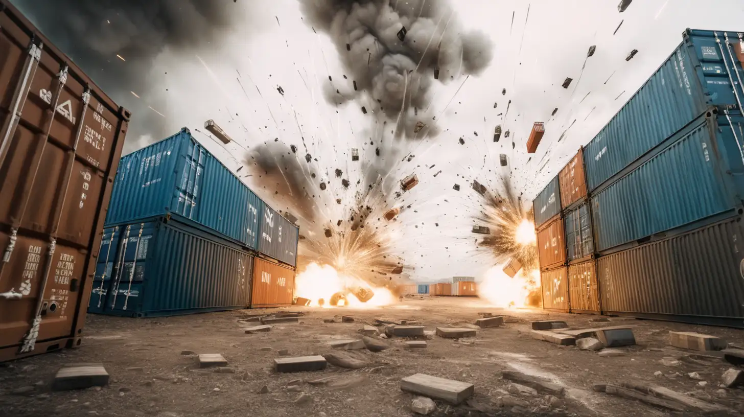 Explosive Battlefield Scene with Worn Shipping Containers