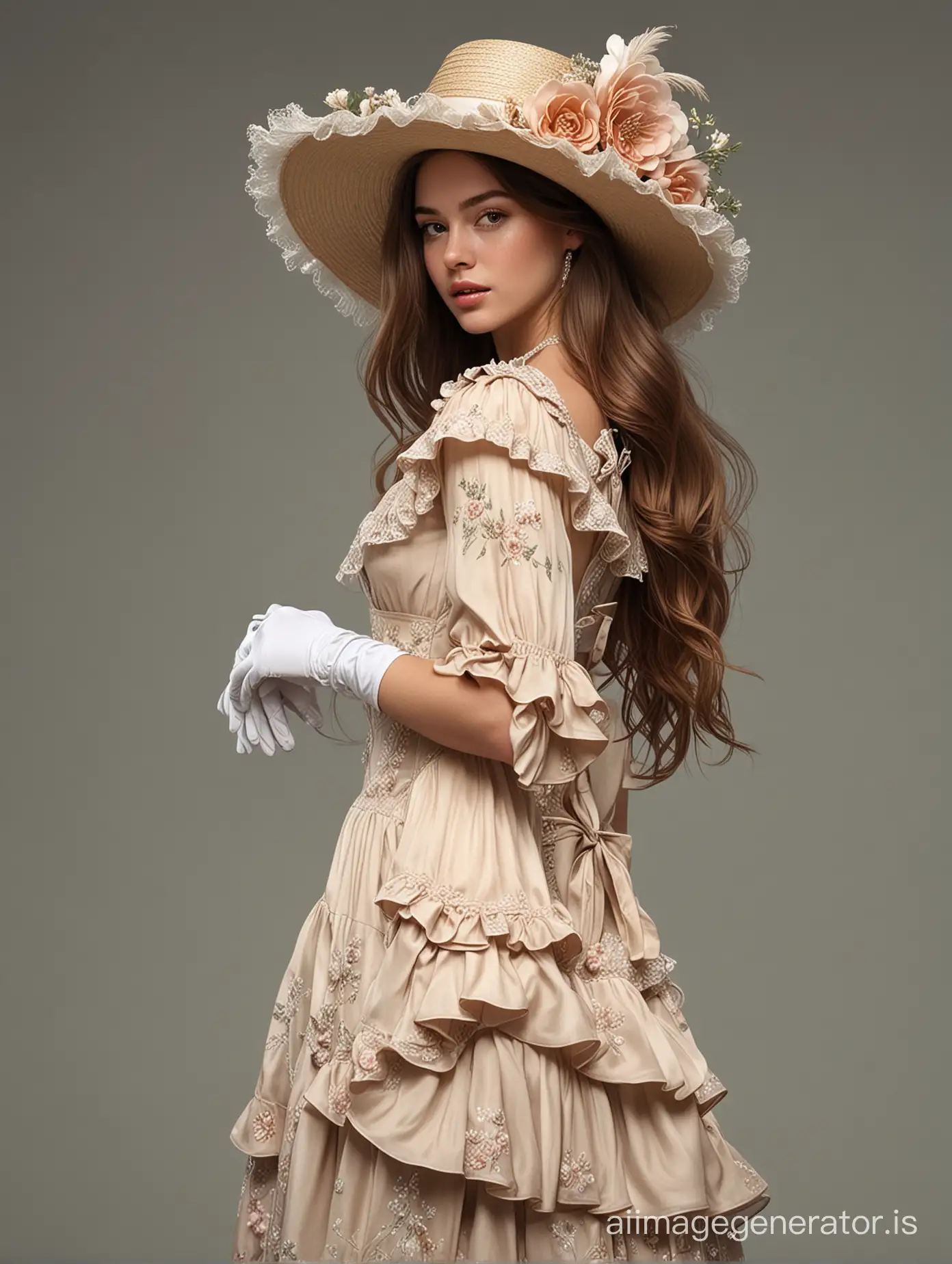 A single girl standing elegantly, dressed in a hat, a flowing dress adorned with frills, and gloves. She has long brown hair cascading down her back and wears a necktie with a delicate flower accent. The composition captures her full body, highlighting the intricate details of her attire, hyper realistic, realistic face, high detailed