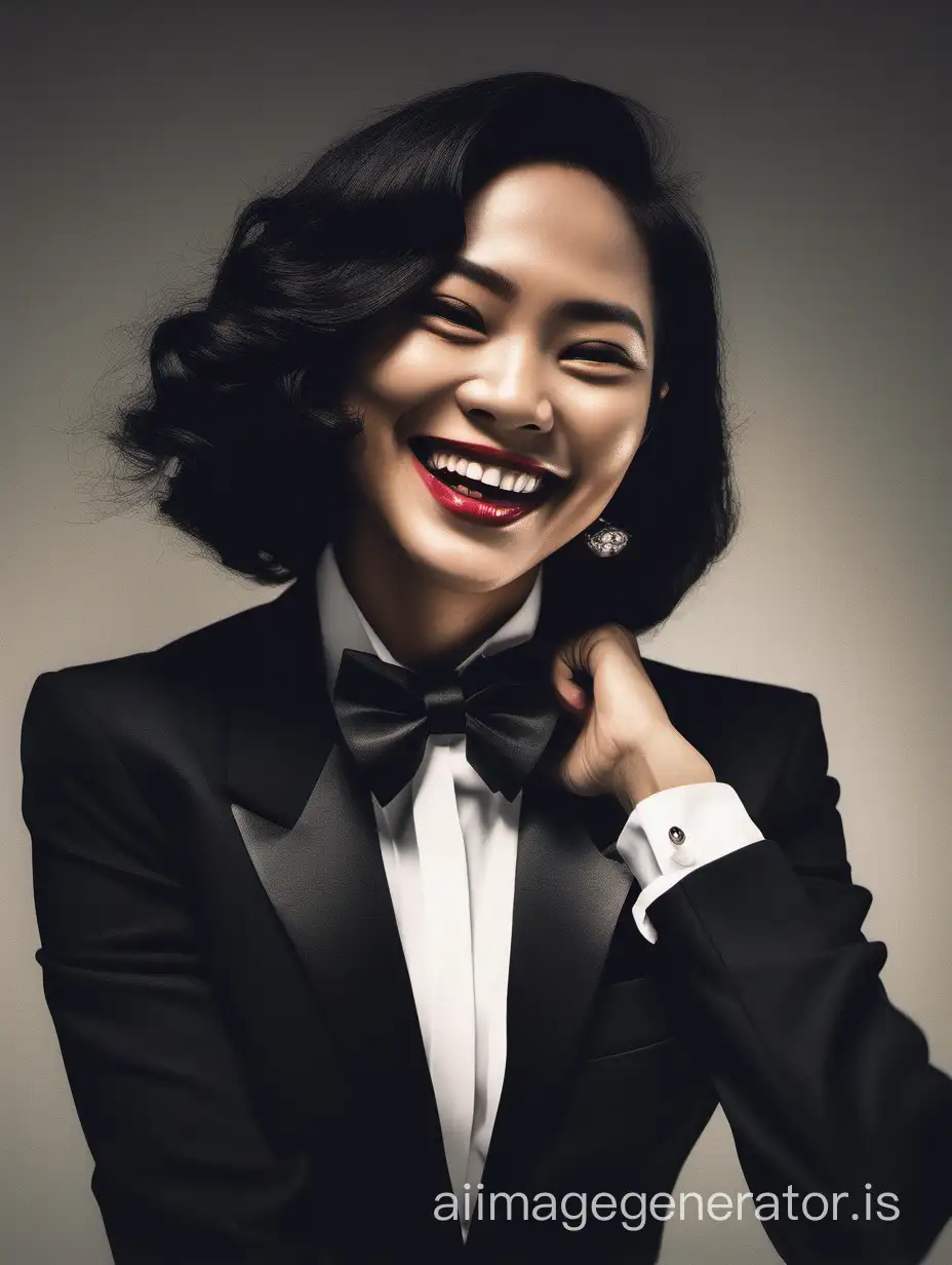 Confident Indonesian Woman In Stylish Black Tuxedo Smiling In Dimly Lit 