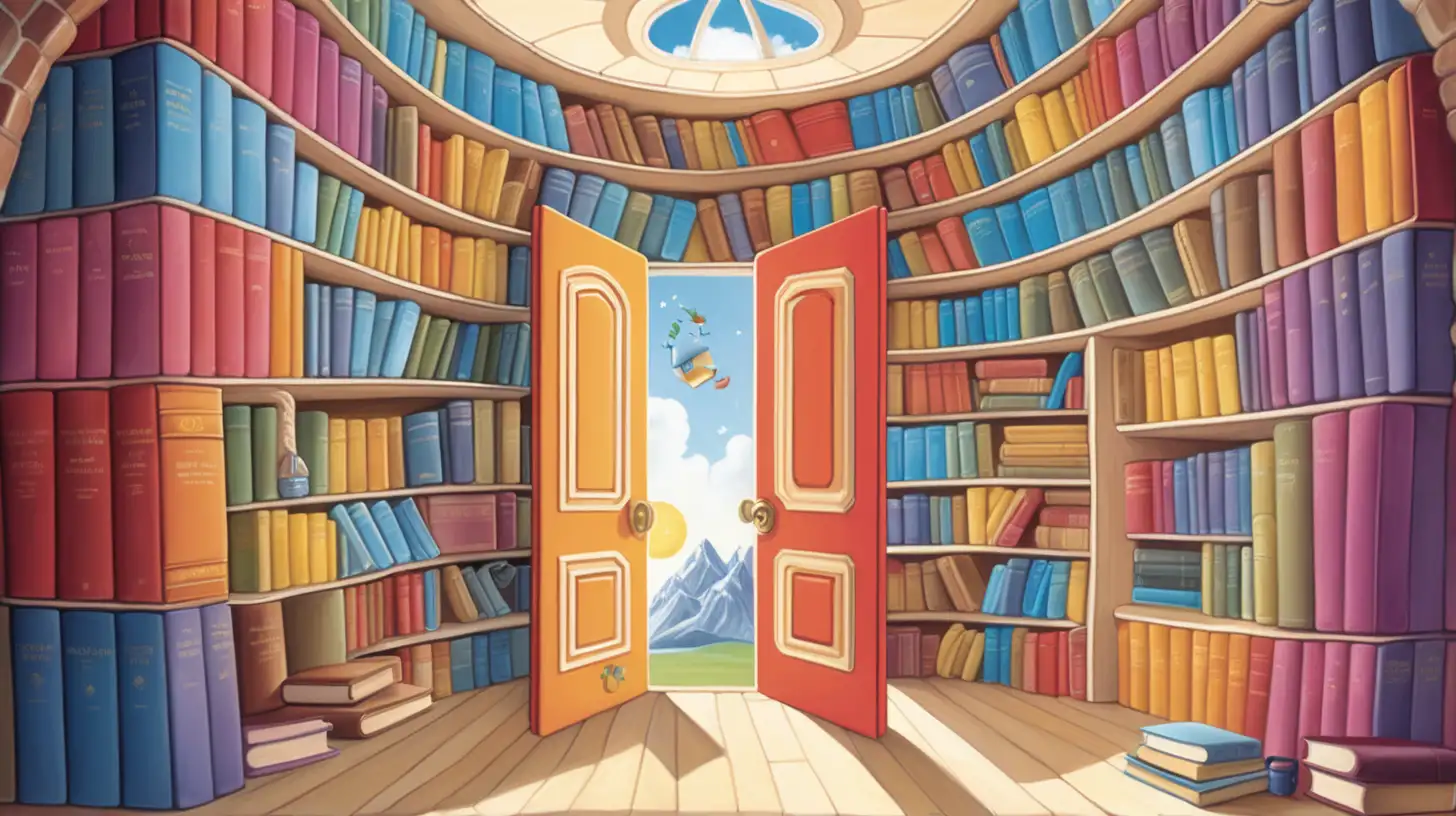 in bright colorful cartoon style, an image of the inside of a  house made out of giant oversized books with doors that open into different worlds