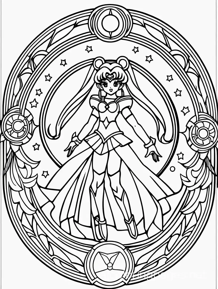 sailormoon mandala coloring page for adult, Coloring Page, black and white, line art, white background, Simplicity, Ample White Space. The background of the coloring page is plain white to make it easy for young children to color within the lines. The outlines of all the subjects are easy to distinguish, making it simple for kids to color without too much difficulty