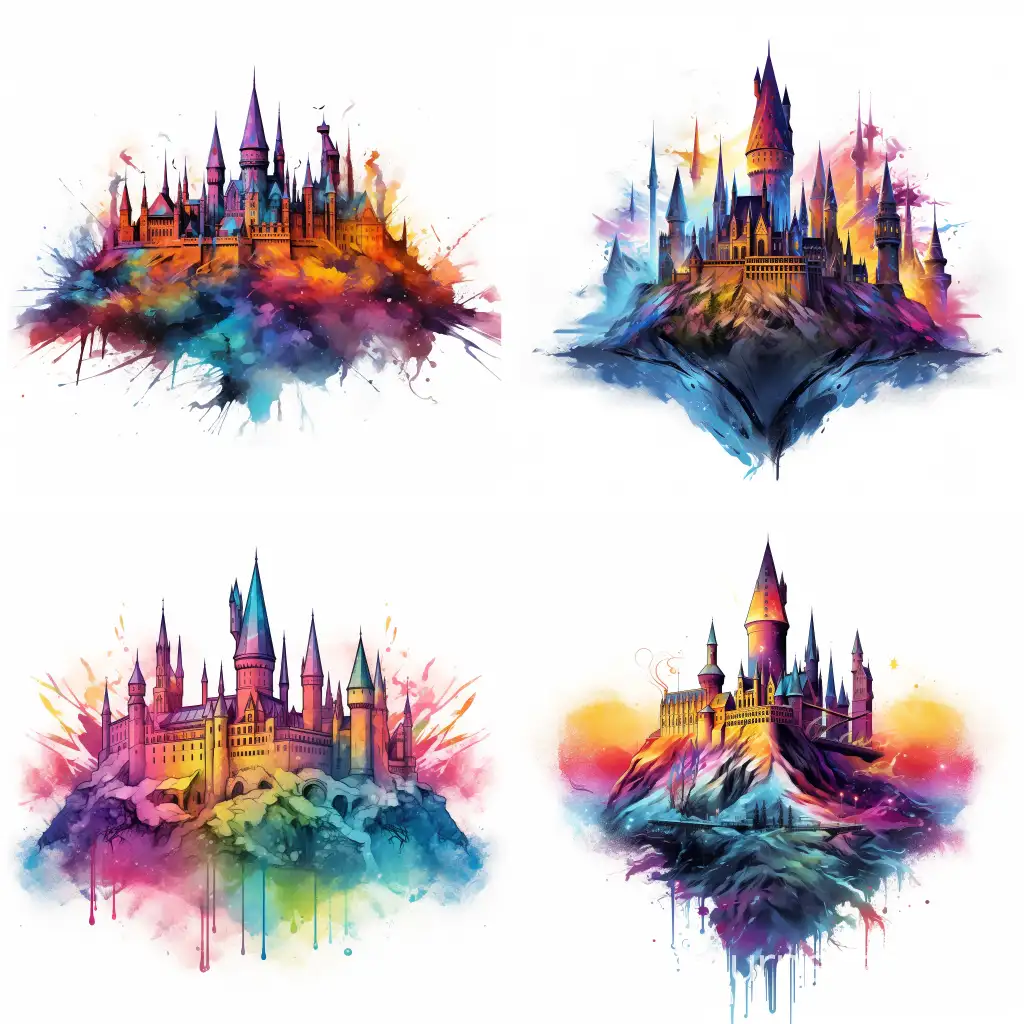 Hogwarts-Castle-Illustration-on-White-Background-with-Linear-Design-and-Vibrant-Color-Accents