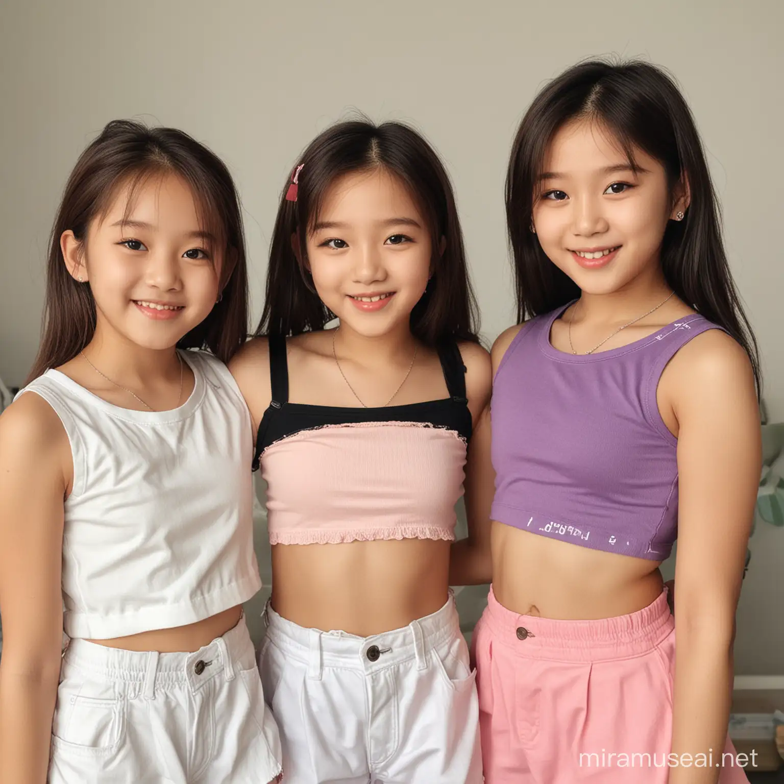 three pretty siblings, girls, around 11 years old, together, wearing different crop tops, smiling at the camera, very pretty, like kpop idols