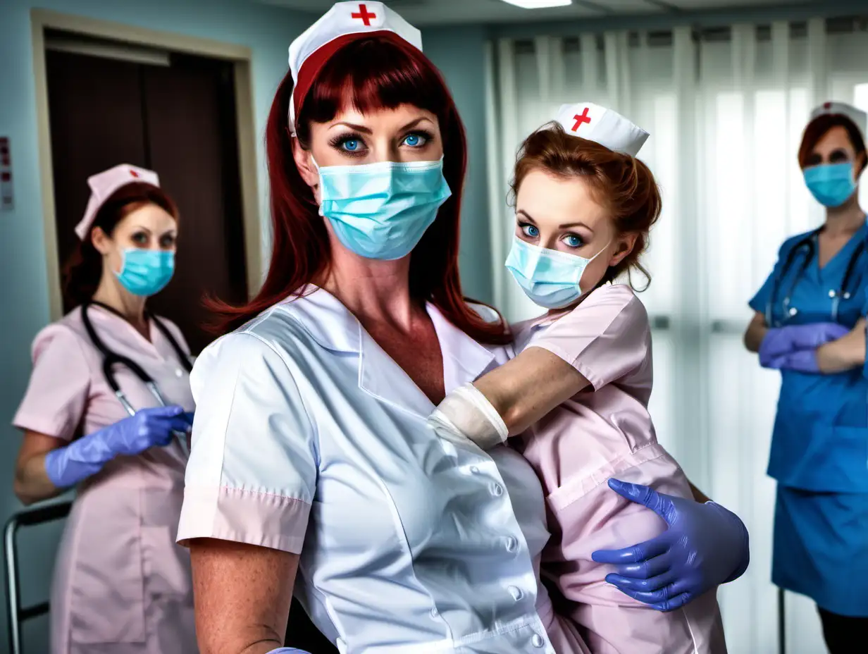 girl in long  satin nurse uniforms and  milf mothers brown and red hair and blue eyes clean ward mask and gloves