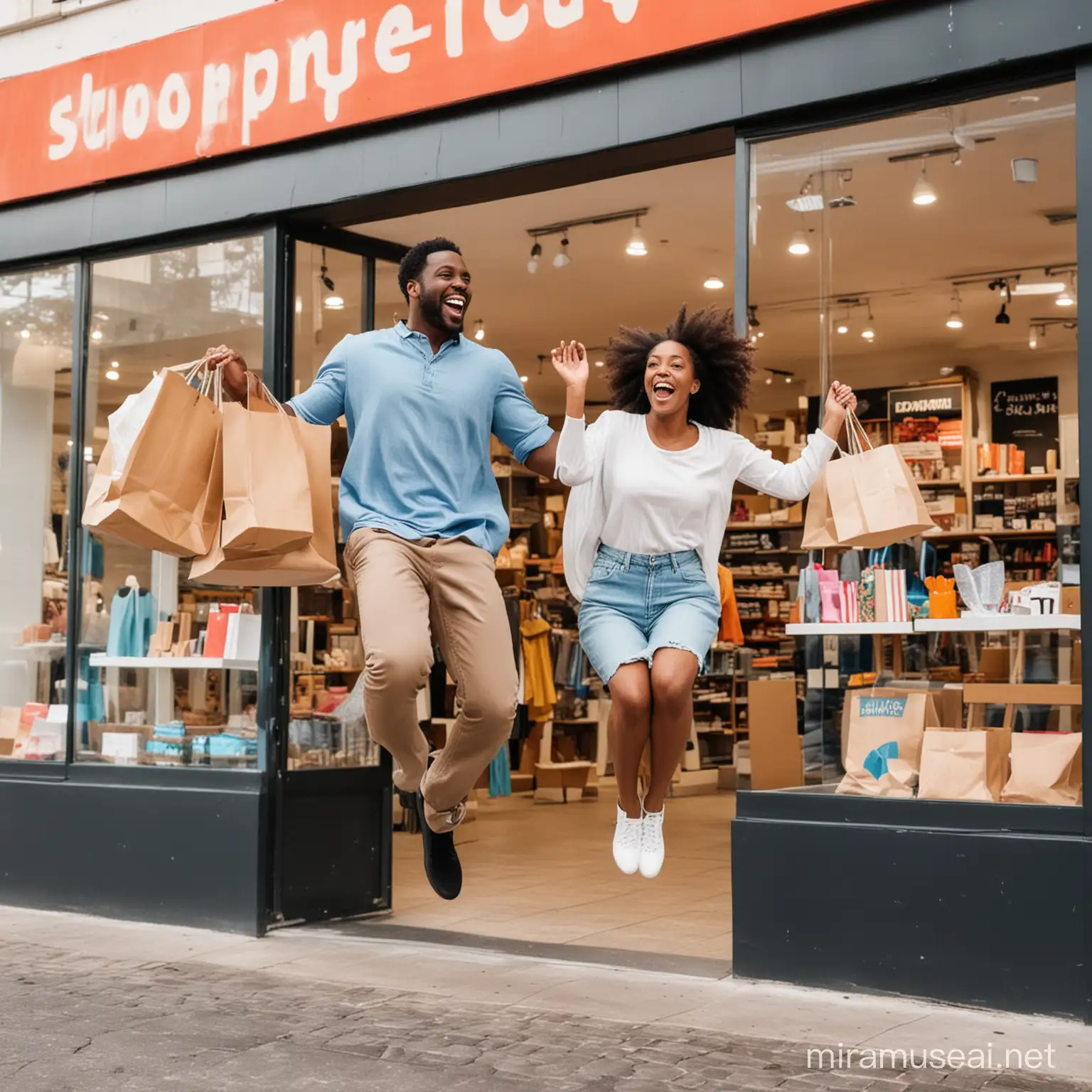 happy black man and woman with shopping jumping  behind a store