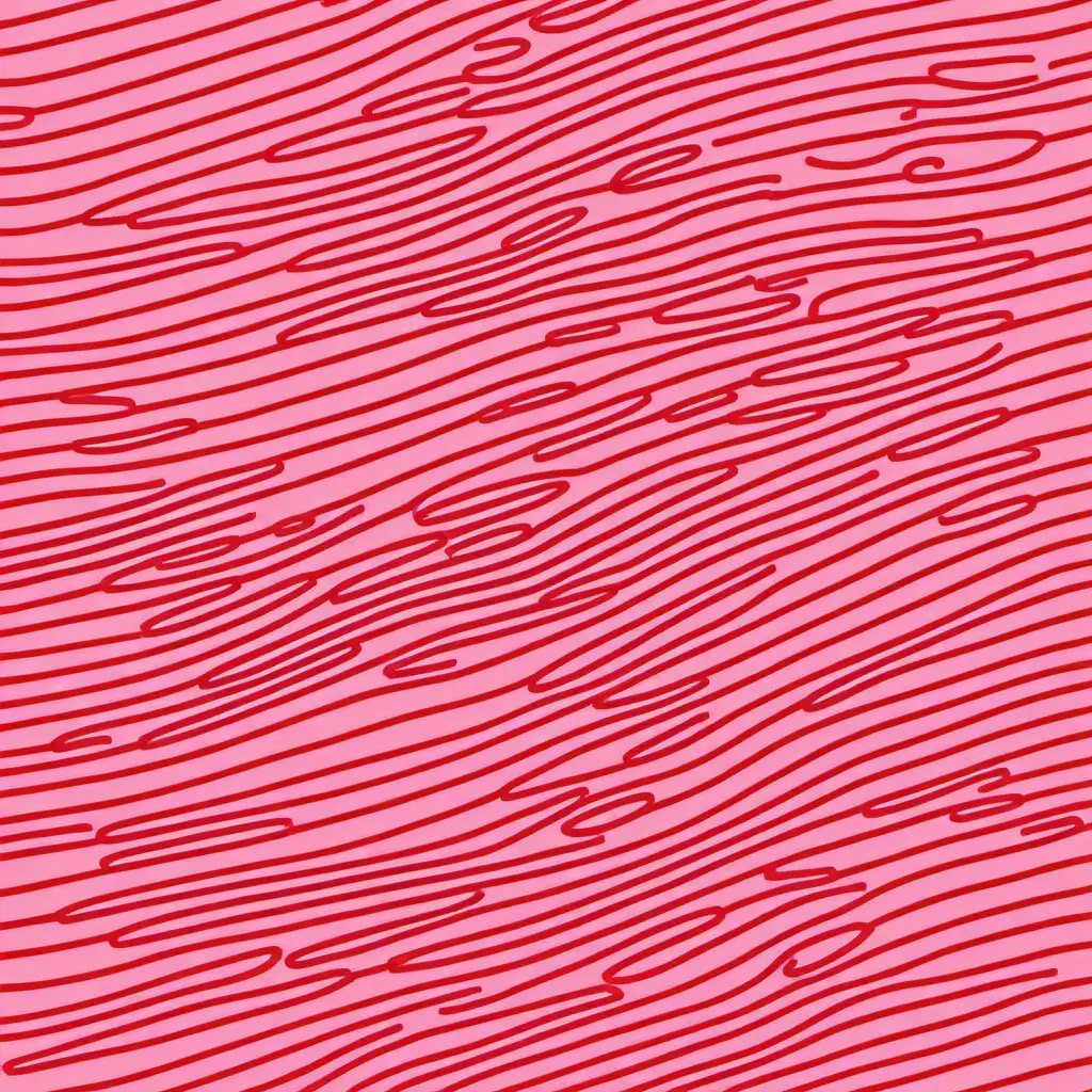 Pattern of red lines, squiggles on a pink background
