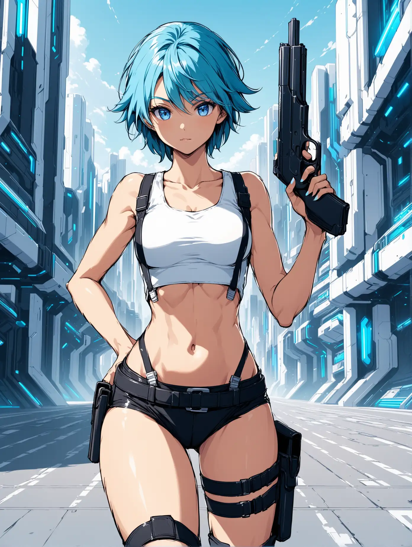 sexy fit 24 year old hero girl, short shaggy blue hair, blue eyes, posing with handguns in futuristic town, super skinny toned body, short white tank top, sexy midriff, wearing suspenders, holsters on each thigh, combat boots, blue black white 3 color minimal design