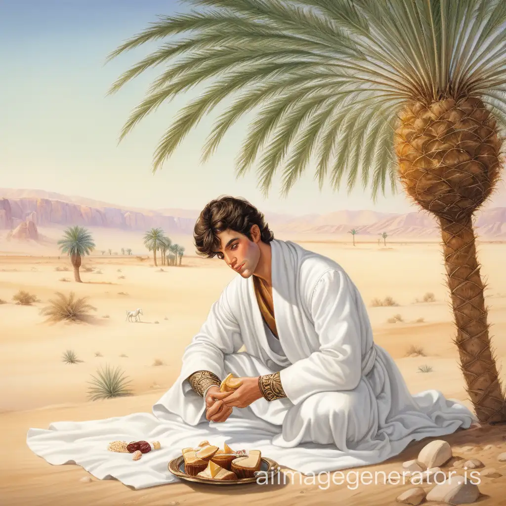 A handsome prince is eating under a date palm in the desert, wearing a white robe