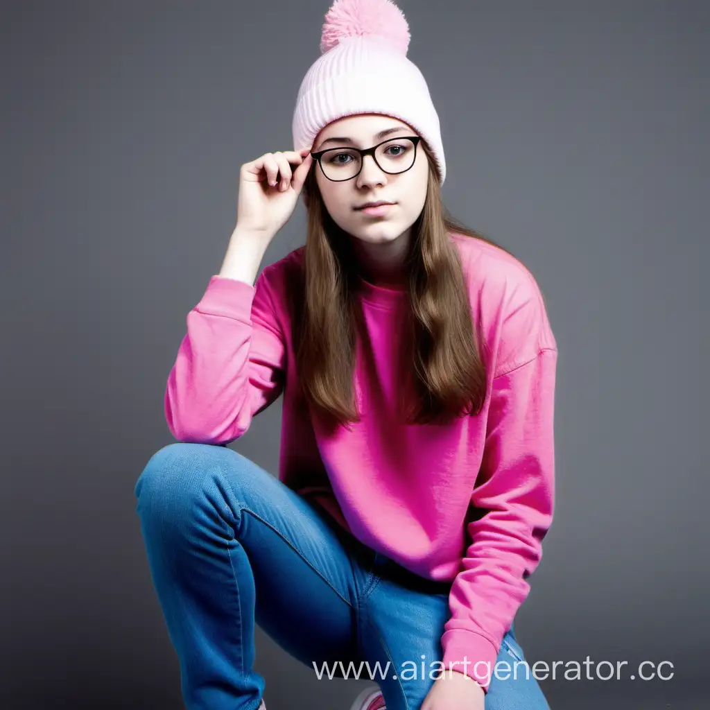 Teen White Girl 18 Years Old with Brown Hair Has Glasses a Pink Beanie a Pink Shirt Blue Jeans and White Shoes