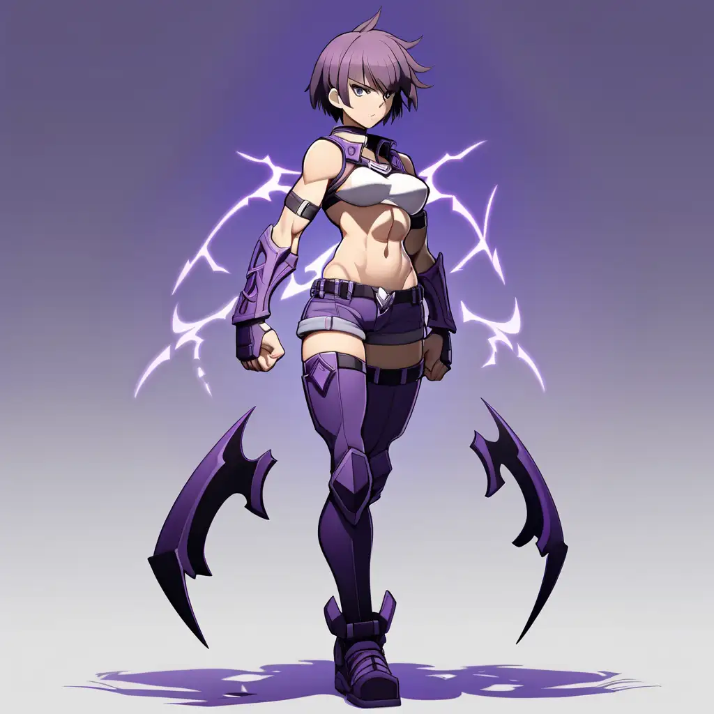 anime woman, tall, buff, muscles, demon, mischievous expression, intimidating, tomboy, short hair, standing tall, full body, looking back, dynamic pose, shadow aura, purple theme, partially armored