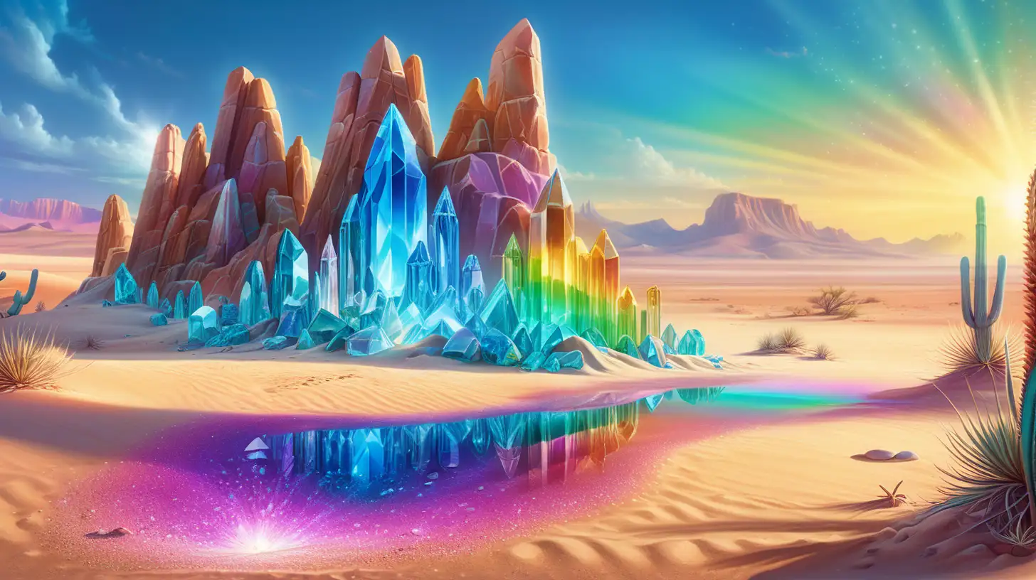 A desert scene where giant, luminous crystals emerge from the sand, refracting sunlight into a mesmerizing spectrum of colors, creating a psychedelic oasis.