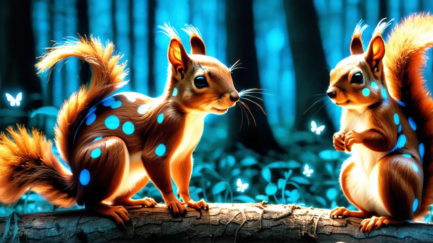 squirrels that have glowing-bambi-spots on their bodies in a magical forest the spots glow blue