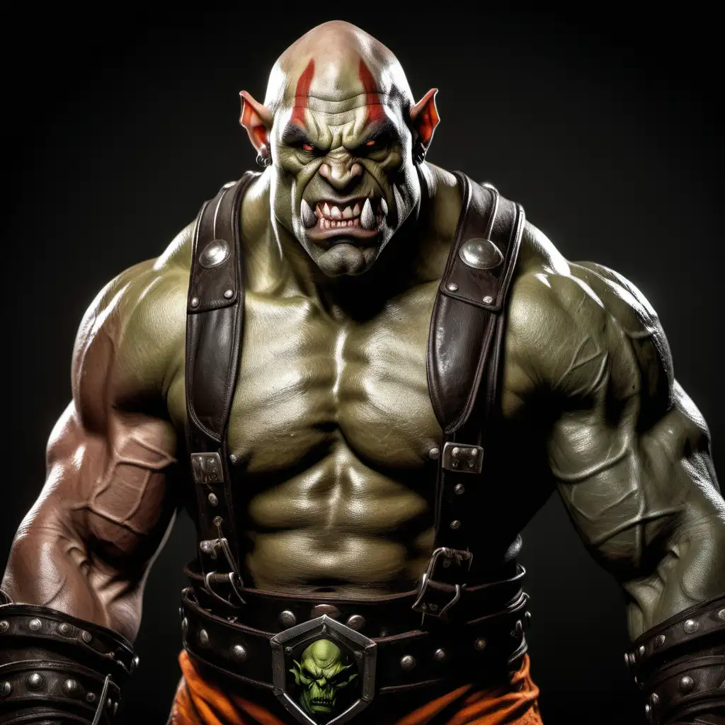 He is a thickly muscled bald orc. He is wearing a wrestling singlet and his thick chest hair is visible. He has big teeth and is visually similar to Garrosh Hellscream from warcraft.