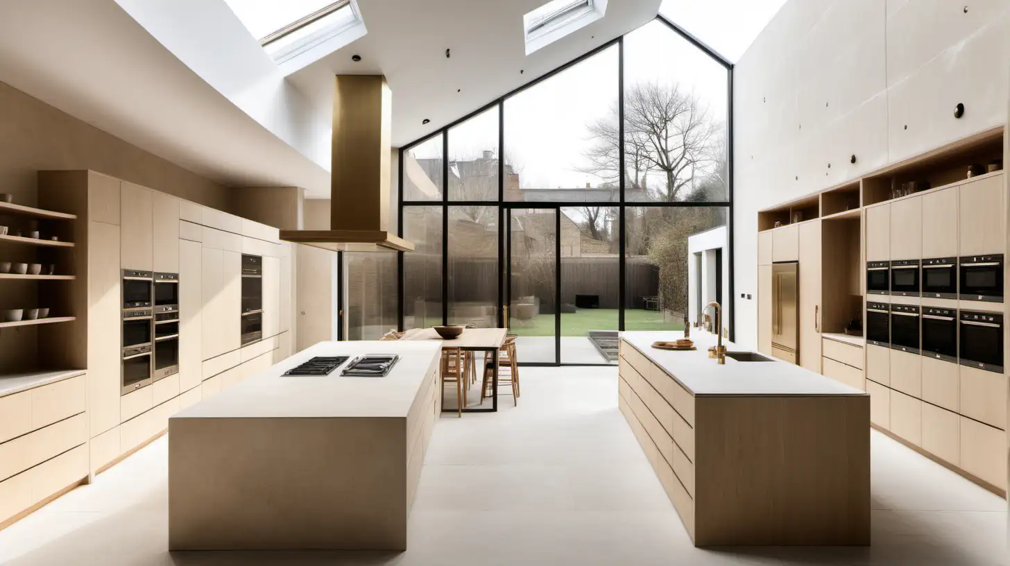 a Classic Contemporary large minimalist home kitchen, Limewash walls in Bauwerk Bone, Blonde Oak, brass,  Sunlight, double height ceilings