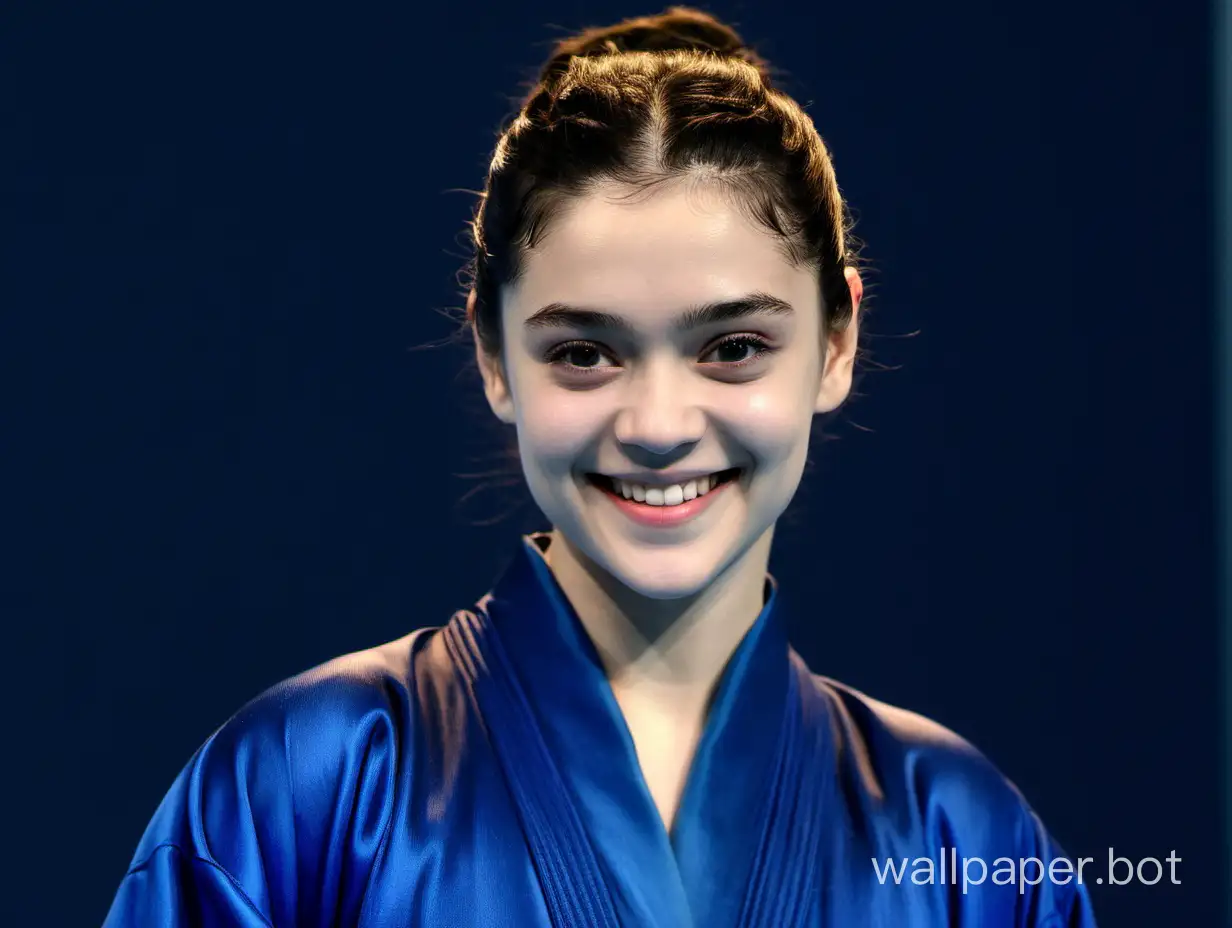 Yevgenia Medvedeva smiles in a blue silk robe