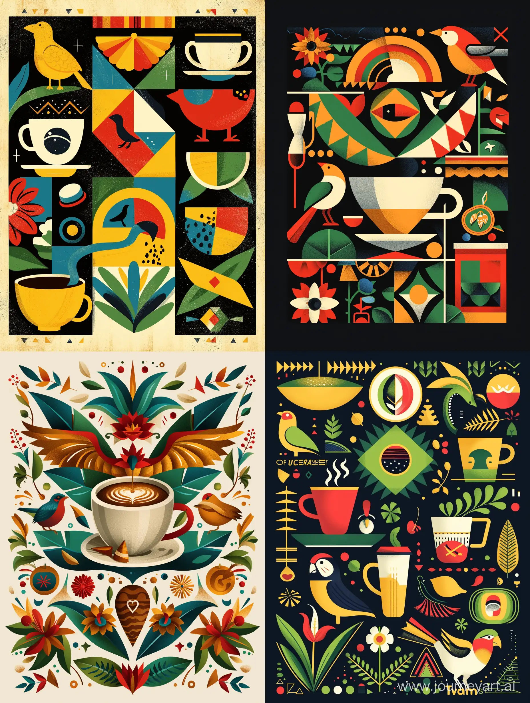 Геометрический орнамент в стиле современная абстракция  кофе, символы Бразилии, природа, птицы и животные Бразилии, достопримечательности Бразилии