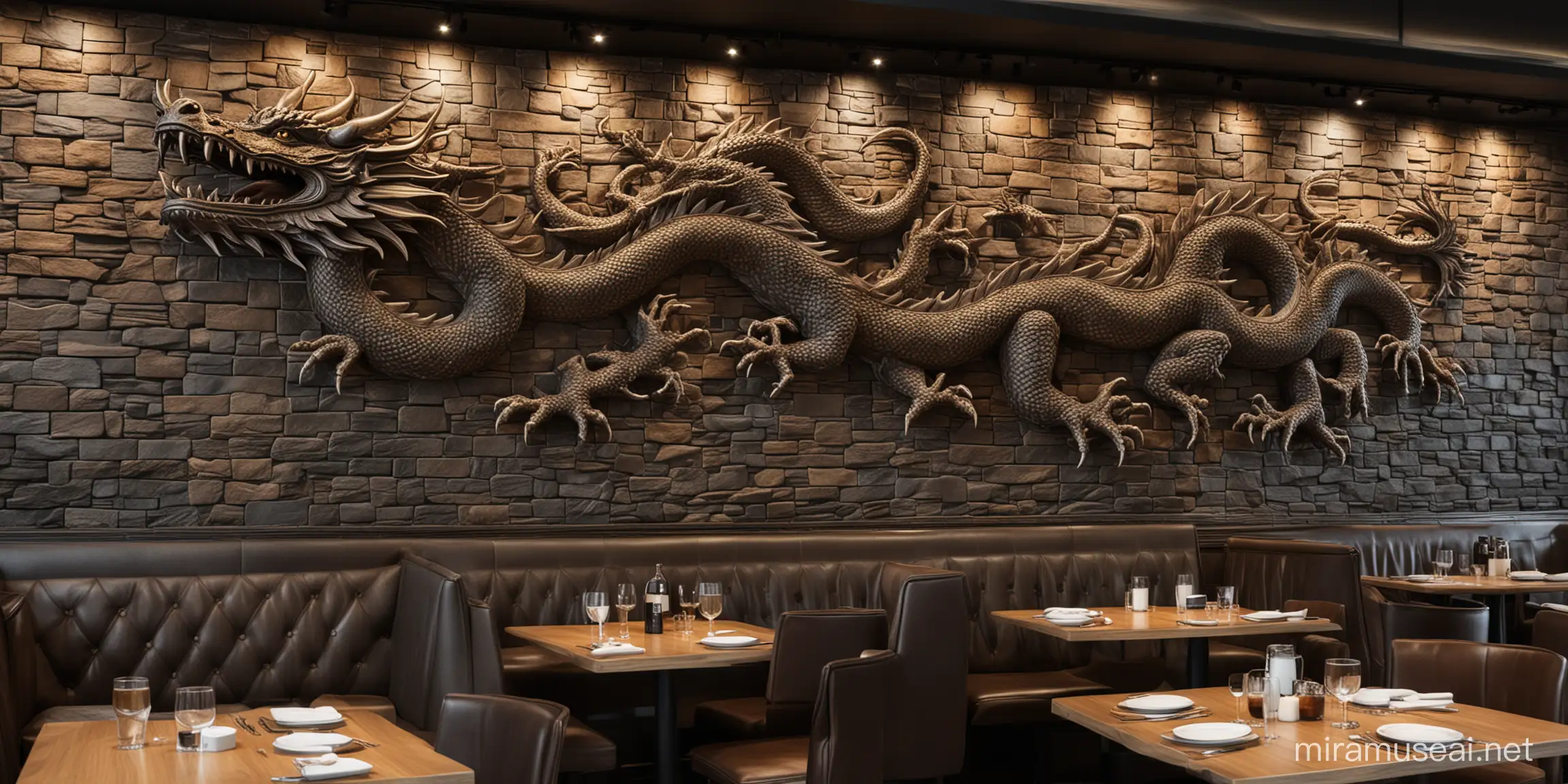The wall adorned with a dragon motif at the modern café is a striking and impressive feature. The dragon image is intricately depicted on the wall, creating a unique and artistic space. Lighting is used to highlight and add depth to the image, providing an engaging experience for customers.