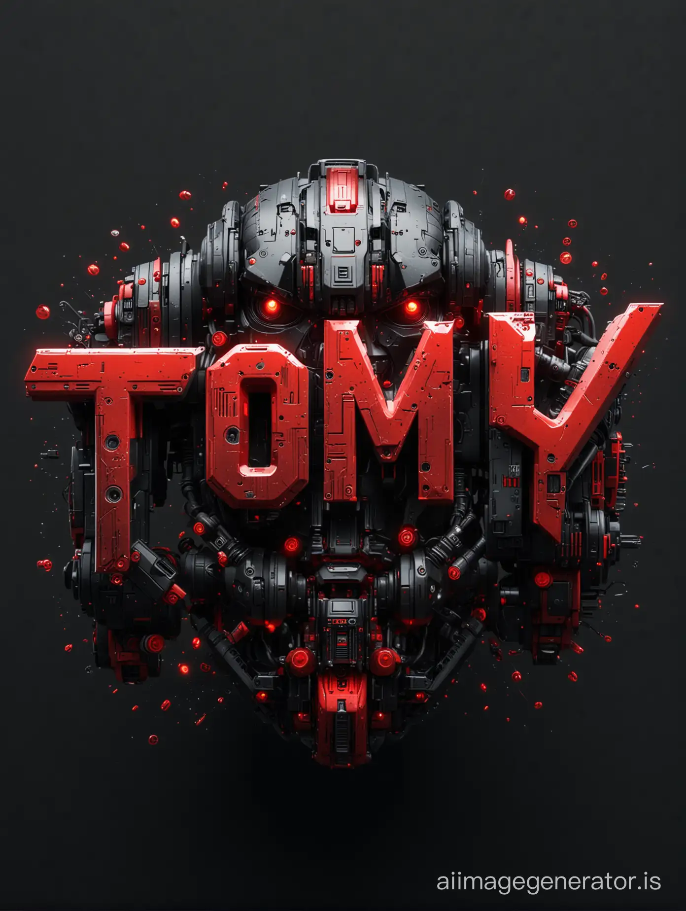 3D text "tomy" with a faced red black small cyberpunk mecha robot font on it with details, a few small particles, and a black background