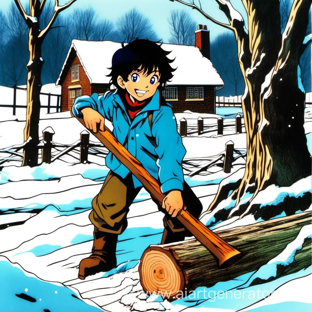 in anime style in 1980s in England in winter. wood is stacked. There is an ax and a log on the ground. A young and smiling boy with black hair and blue eyes is chopping wood.