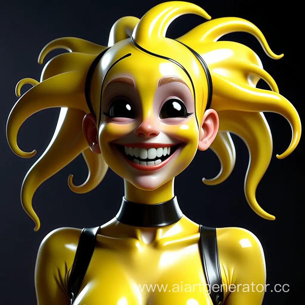 хуманизация smile смайлика в латексную девушку с желтой глянцевой латексной кожей с желтыми резиновыми волосами