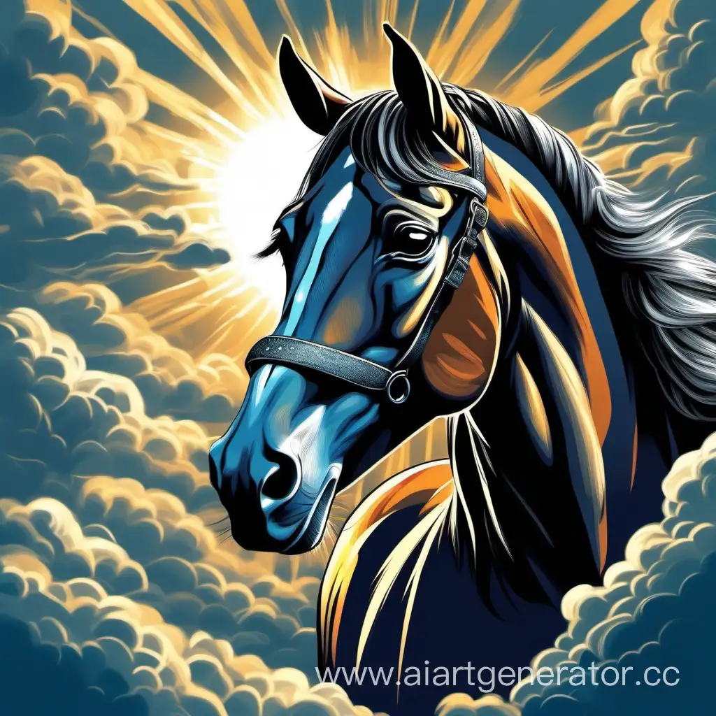 portrait of a horse, curved neck, the horse looks sadly into the sky, there are clouds in the sky, a glimpse of the sun in the clouds, muzzle down, beautiful shadows, colorful drawing for song cover