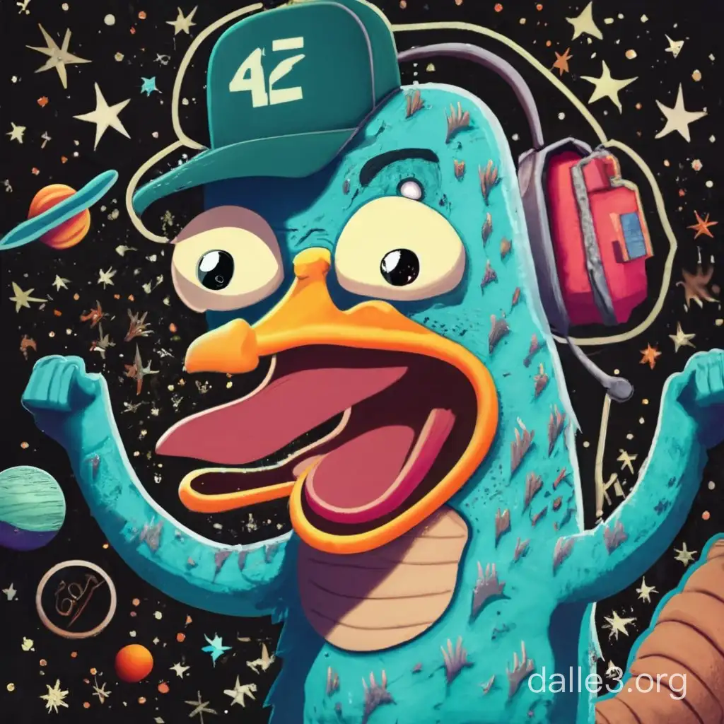 Cracked Out perry the platypus realistic in space super strong Flexing