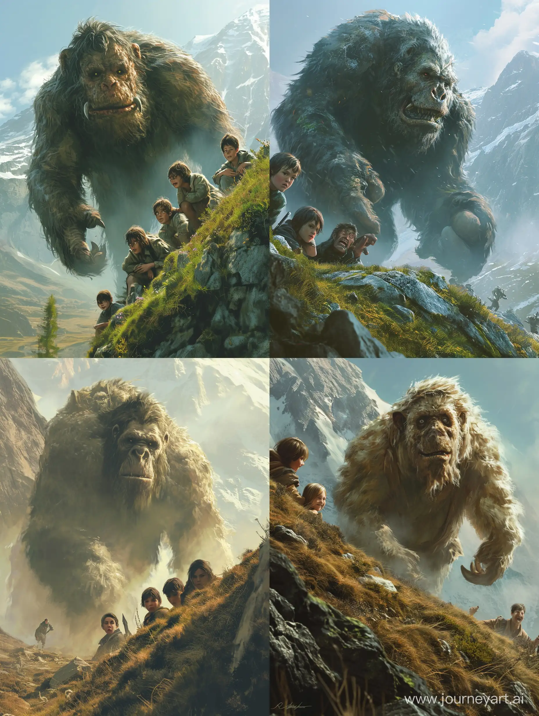 enourmous giant creature walking through the mountains. A group of young adventurers are hiding behind a hill and looking amazed at the giant –iw 0.25