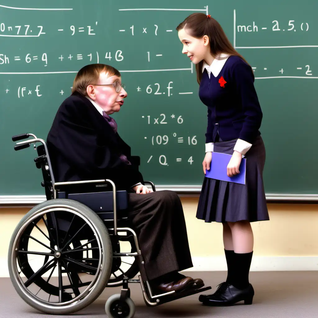 霍金坐在轮椅上面看着穿短裙的女孩侏儒在黑板上面解答数学题