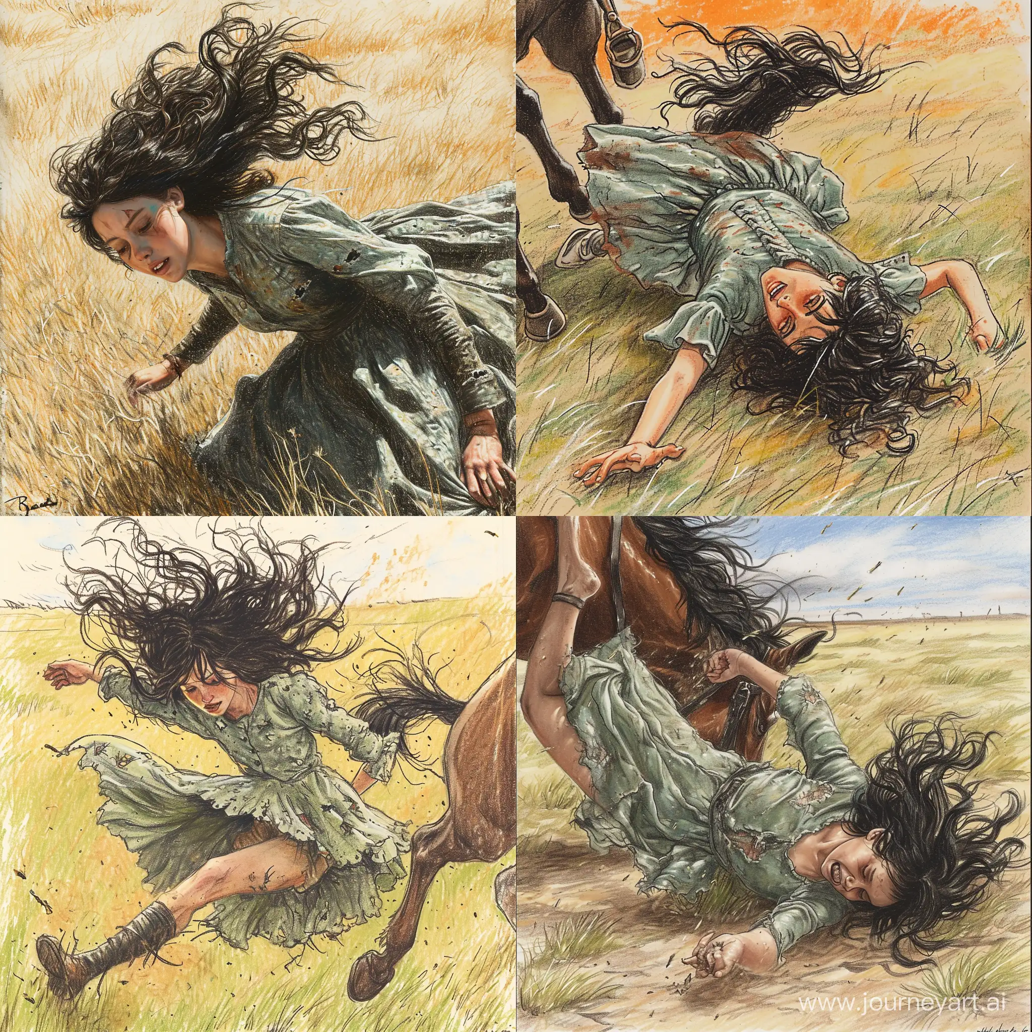 eight year girl in a green-gray bad broken dress, with black wavy hair, falls from a horse, drawn in color pencil, sunny, a field of grass,She fell off her horse, the horse is clearly visible