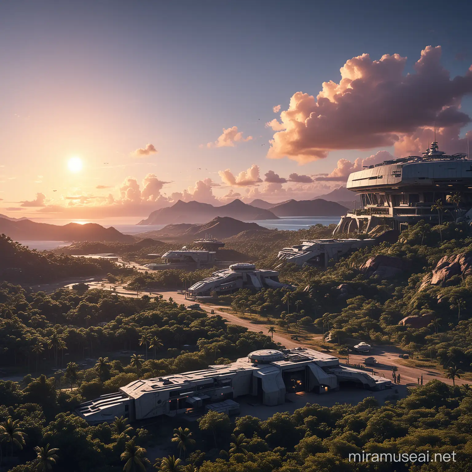 futuristic military base in a remote tropical location, clear sky, dusk, HD. flat lansdscape.