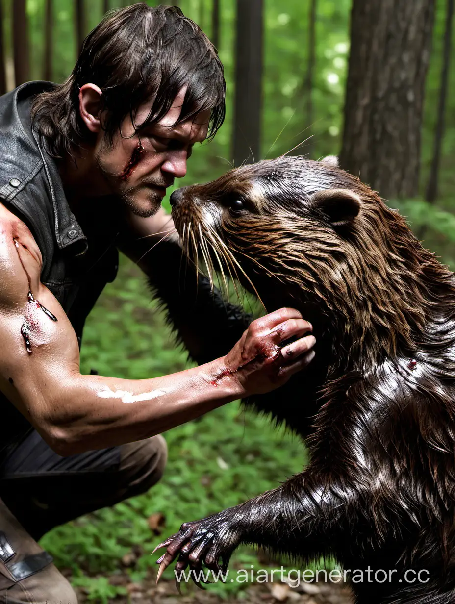 Daryl-Dixon-Scratching-the-Beavers-Enclosure-in-Woodland-Serenity