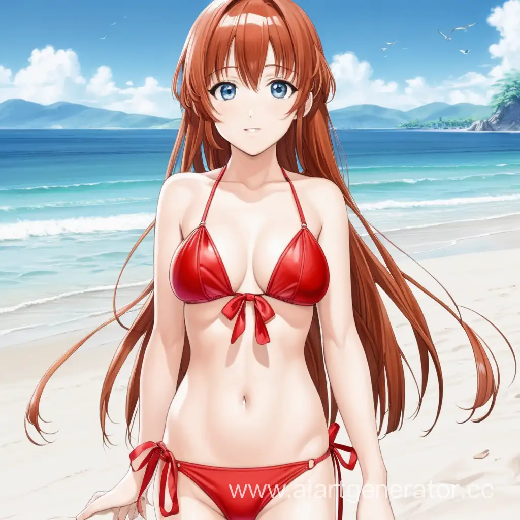 аниме девушка на пляже в красном бикини с каштановыми волосами с маленькой грудью 
