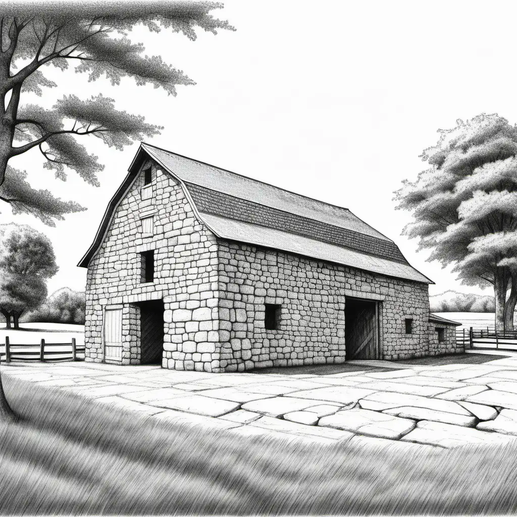 basic black and white drawing of stone barn