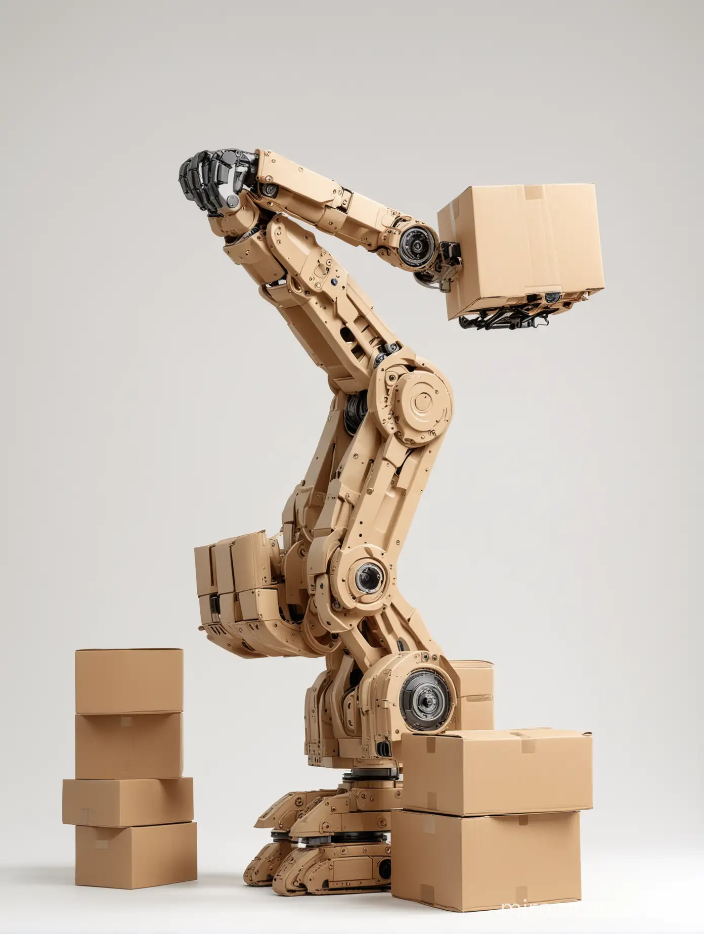 ROBOTIC ARM CARRYING KRAFT BOXES, ALL WHITE BACKGROUND