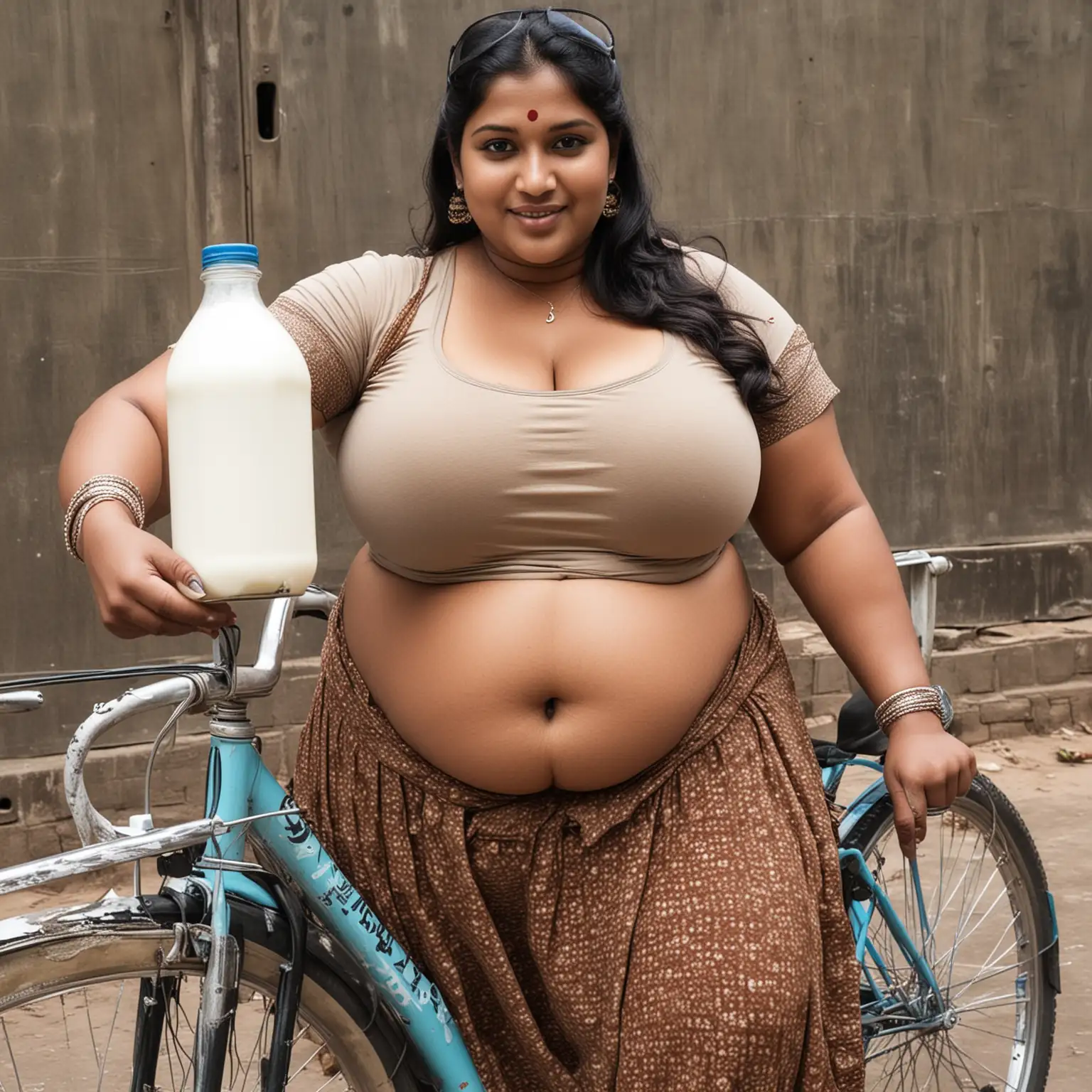 A super sexy fat BBW Indian woman, she delivere milk with bicycles