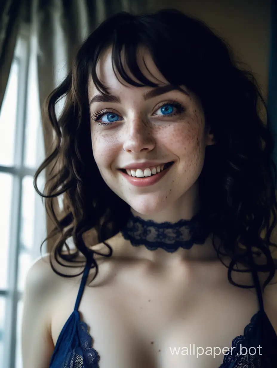low angle view, portrait of a beautiful young brunette woman, we see her from below, she is pretty, she has bright blue eyes, she has pale skin, she has lots of freckles, she has long thick black hair that falls in curtains, she has curly blunt bangs, she has a beautiful innocent face, she is wearing a dark blue lace choker, wearing big wide-framed glasses, wearing dark blue lace bikini, smiling, very cute, sharp jawline, cheek dimples, perfect, sense of wonder, Velazquez painting style