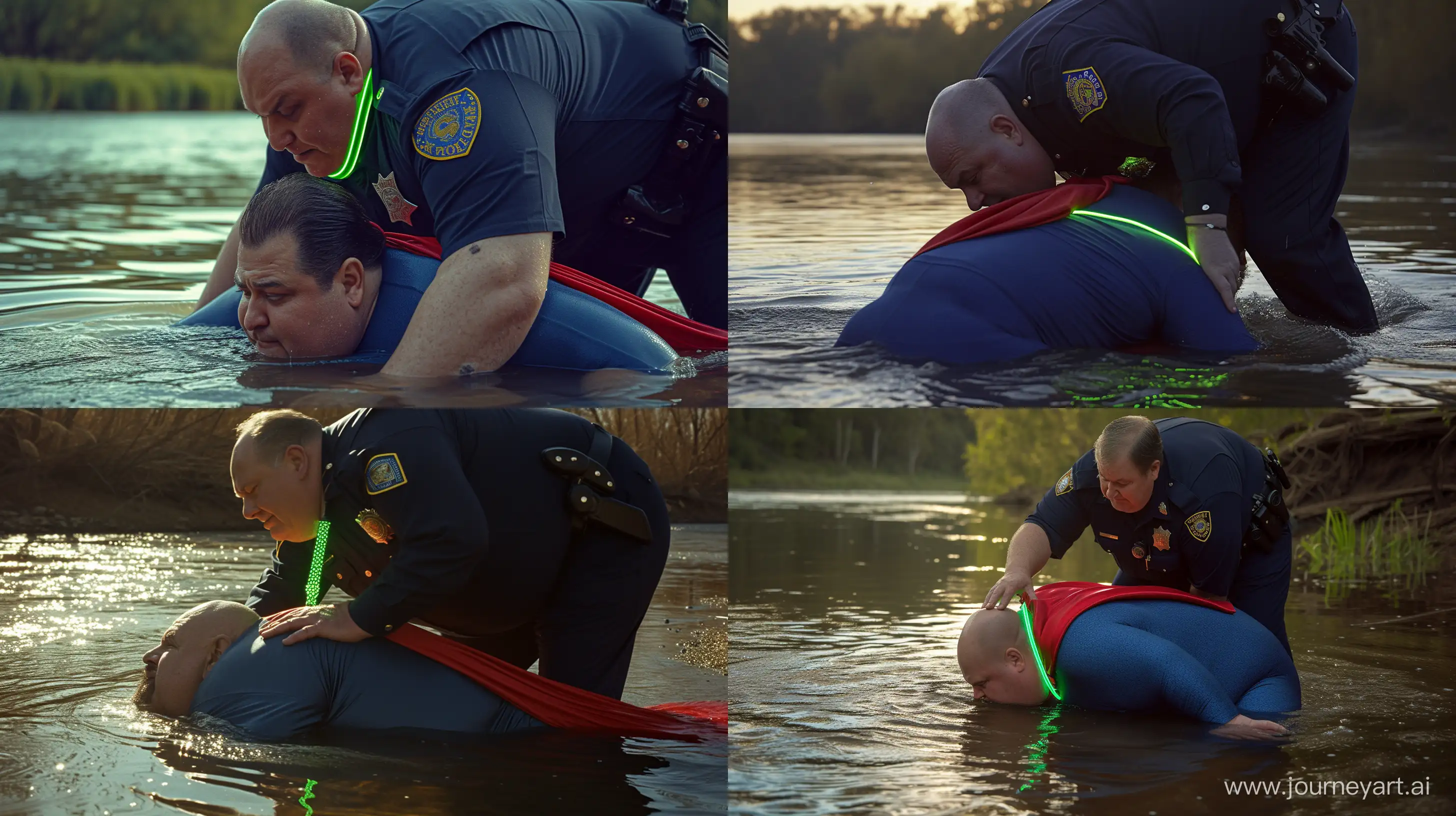 Senior-Police-Officer-Fastens-Neon-Dog-Collar-on-Superman-Costume-in-River