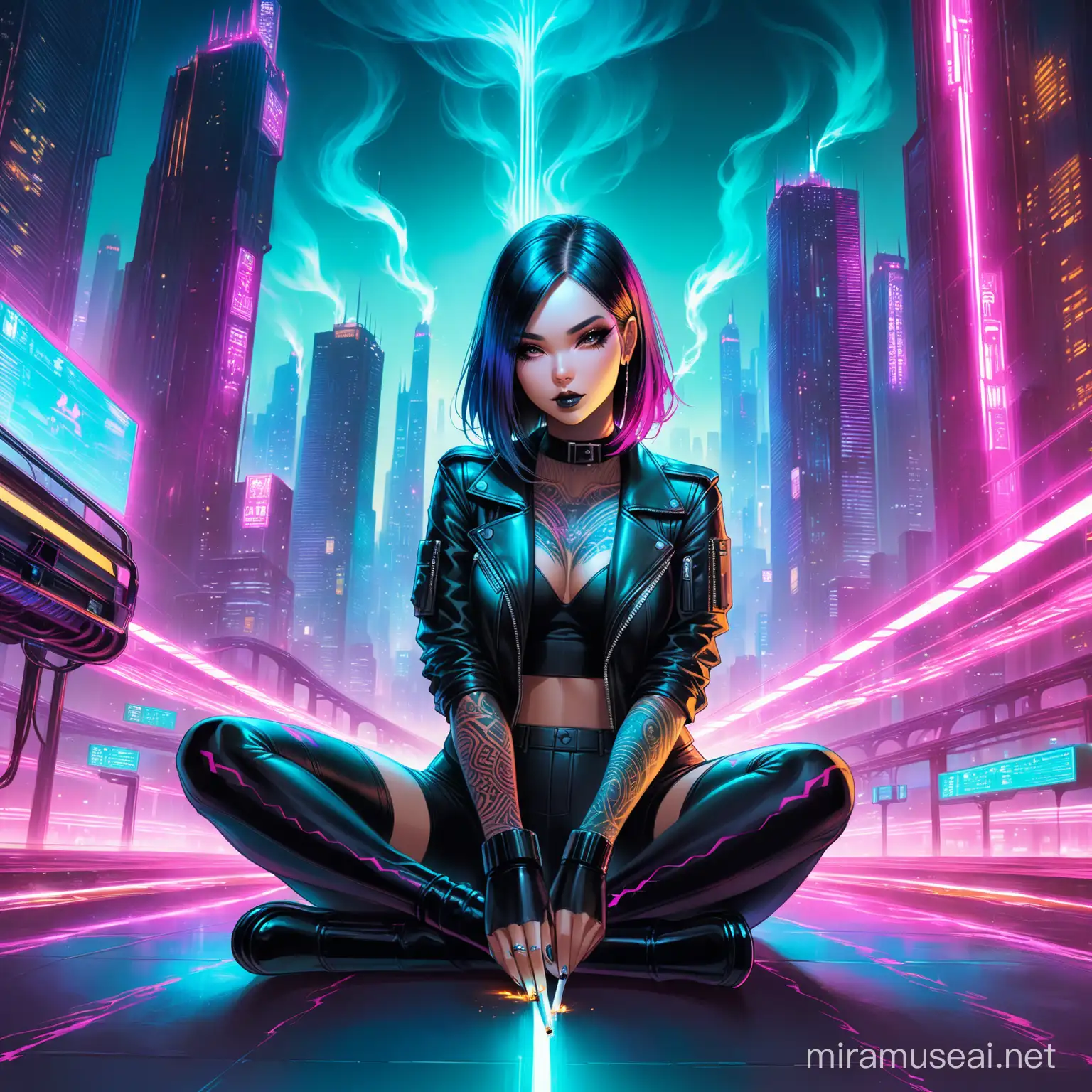 (A striking, cyberpunk-inspired painting of a gothic woman sitting on the ground. She wears a black leather jacket with intricate tattoos covering her arms, and her face is adorned with dark makeup. She casually lsmokes a cigarette, exhaling a trail of smoke in the air. The background reveals a neon-lit cityscape, with towering buildings and a futuristic highway. The painting is highly detailed, showcasing the artist's skill in capturing textures and light. It is a lowbrow masterpiece, created by the talented Ross Tran and shared on the CGSociety platform.). Flawless face,Wajah menghadap kamera,hyperrealistis,uhd32k,jernih,jelas,detail,full body,perfect anatomy