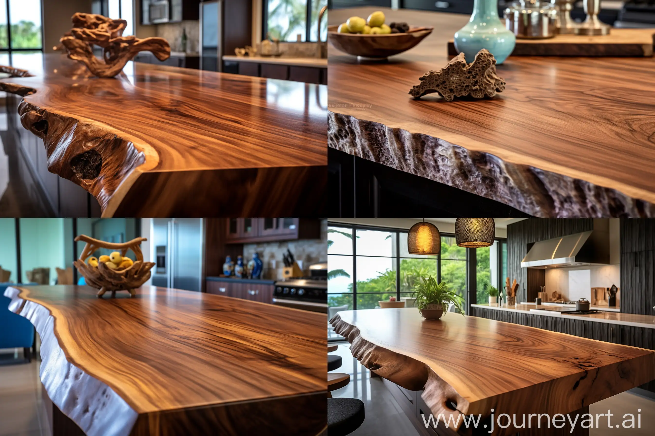 /imagine prompt: Straight-cut edge monkeypod wood slab countertop, luxury kitchen, warm, photography with Canon EOS R6 and Canon RF 50mm f/1.8 STM --ar 3:2 --v 5.1