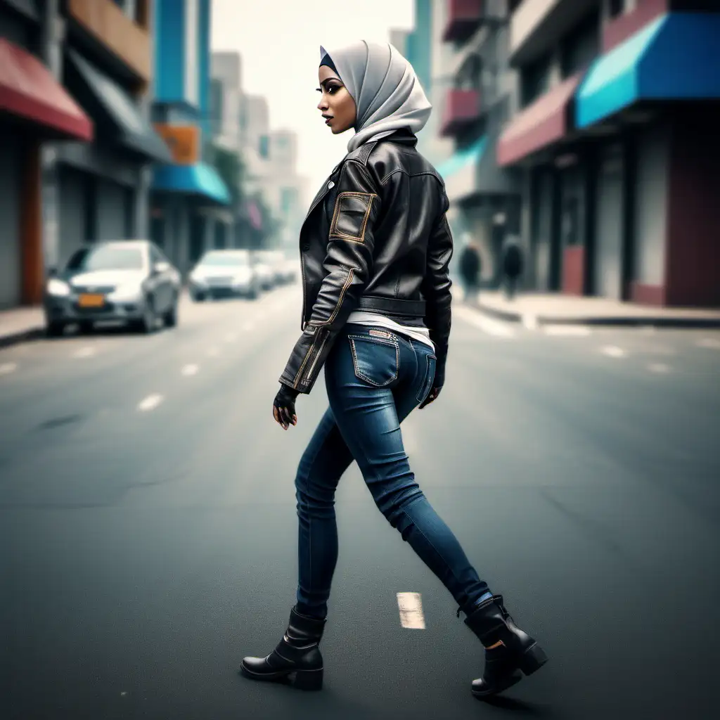  full body shot   muslim woman , wearing a leather jacket , wearing hibab,  jeans back turn walking across the street,, semi realistic cyberpunk style