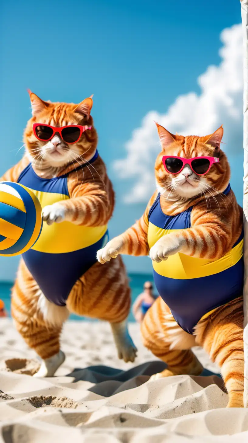 Playful Fat Ginger Cats Enjoy Beach Volleyball in Swimsuits and Sunglasses