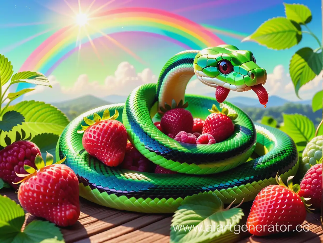 ярко зеленая змея с ягодами малины и земляники, добрая и красивая под лучами солнца на фоне радуги