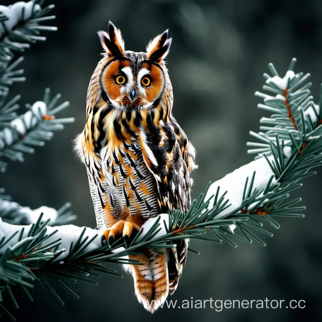LongEared-Owl-Perched-on-SnowCovered-Spruce-Branch-in-Winter